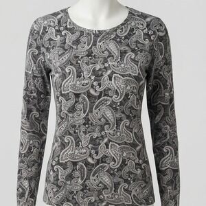 Hannah Womens Long Sleeve Paisley Print Crew Neck Top Gray Black White Small